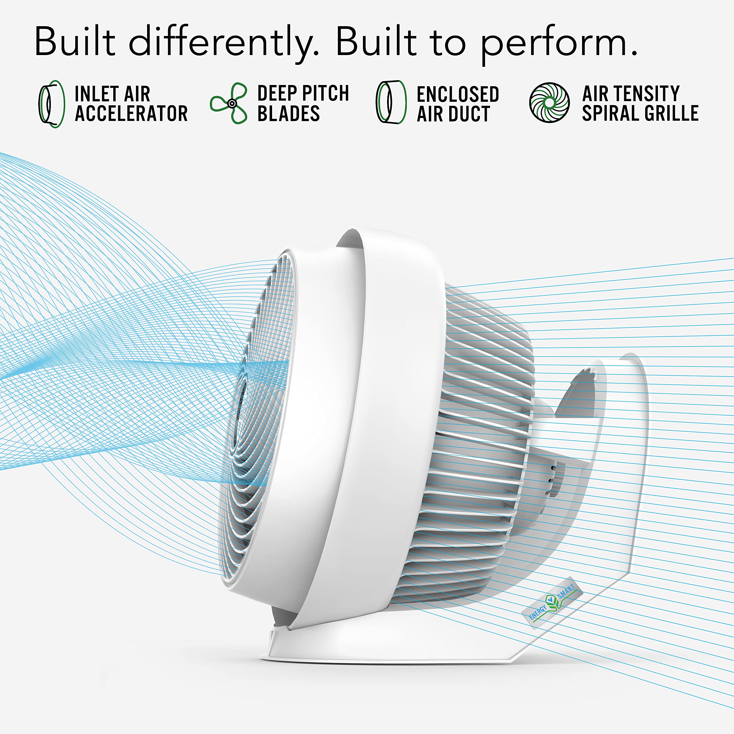 White fan with air flow graphics and text highlighting features on a white background