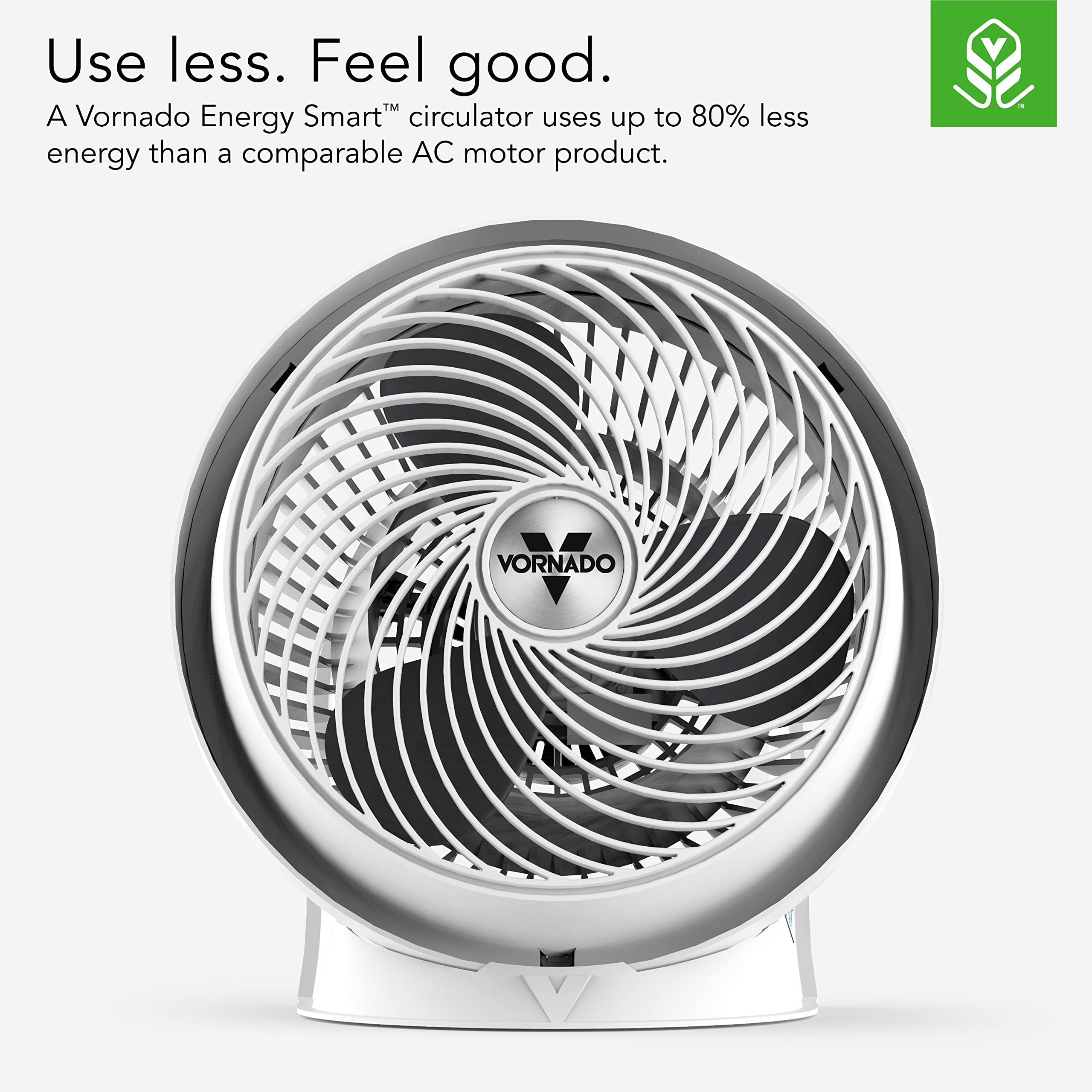 Vornado energy smart circulator fan with branding and energy efficiency text on a white background