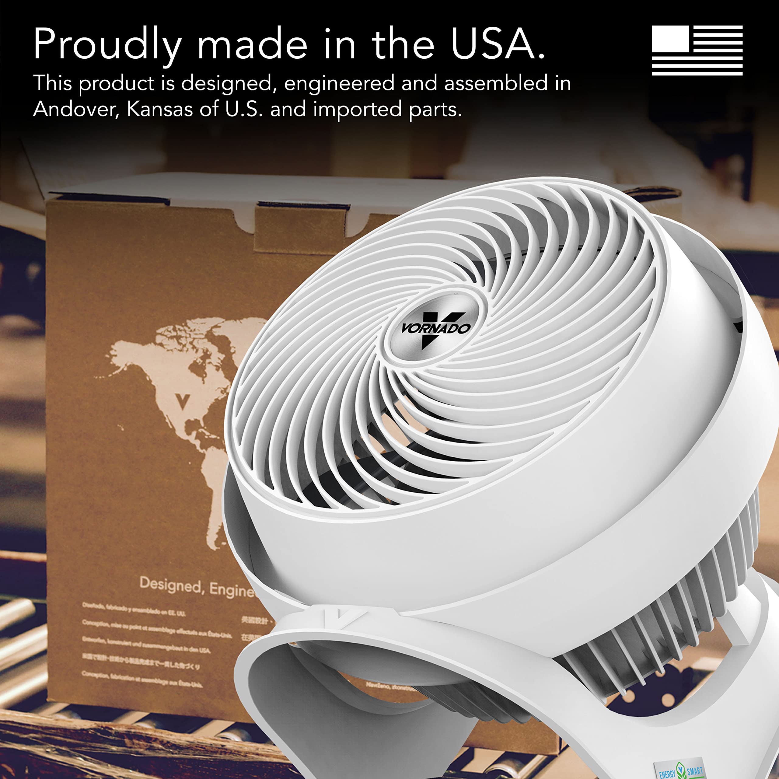 White Vornado air purifier with 'Proudly made in the USA' text and world map background