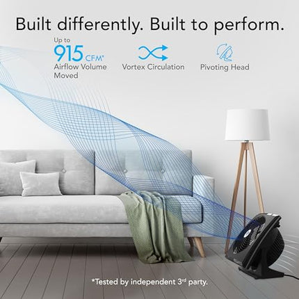 Fan in a living room with airflow visualization and product features highlighted.