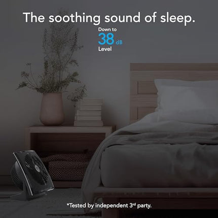 Bedroom scene with a fan labeled 'The soothing sound of sleep' and 'Down to 38 dB Level'.