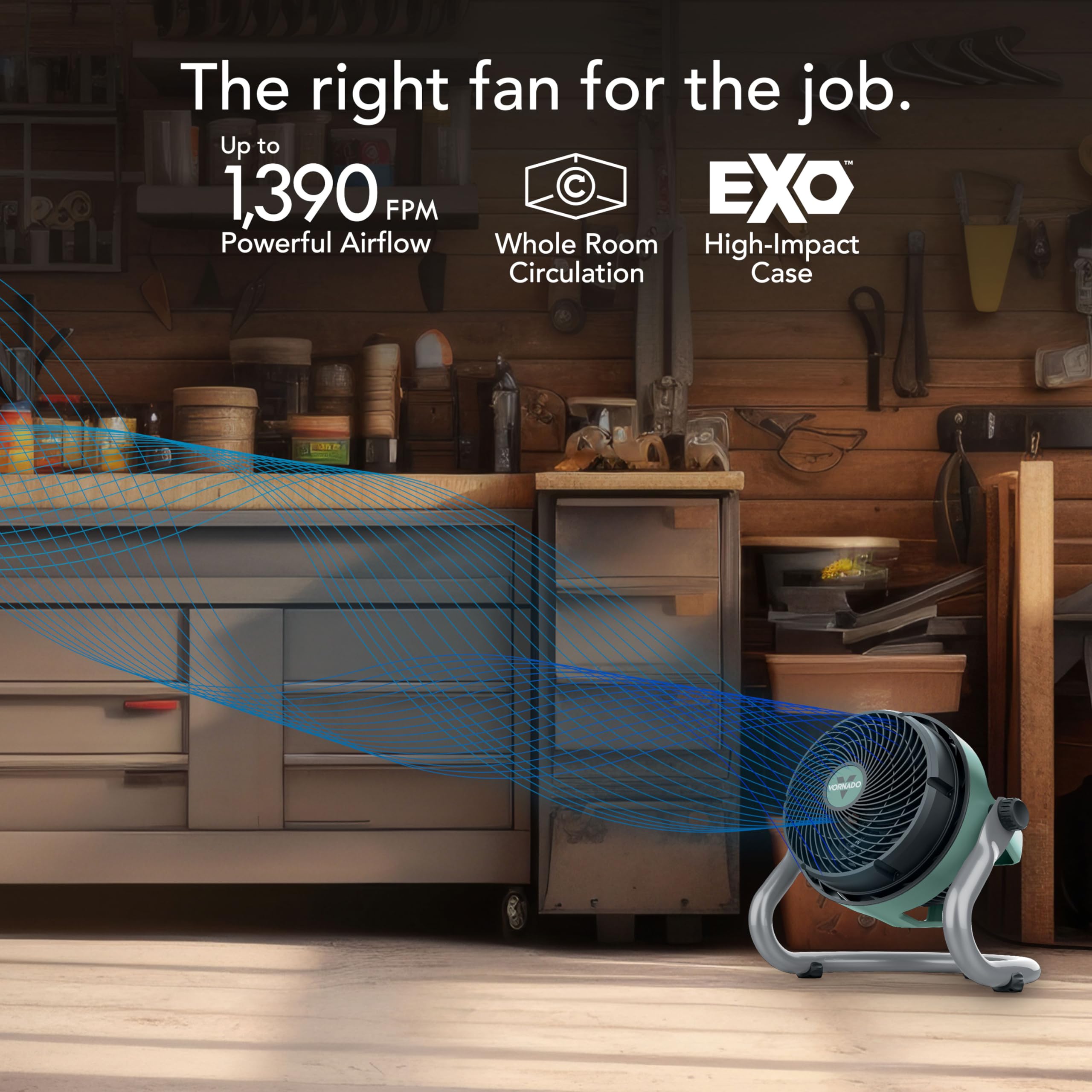 Fan in a workshop with text highlighting features like powerful airflow and high-impact case.