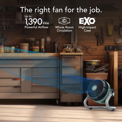 Fan in a workshop with text highlighting features like powerful airflow and high-impact case.
