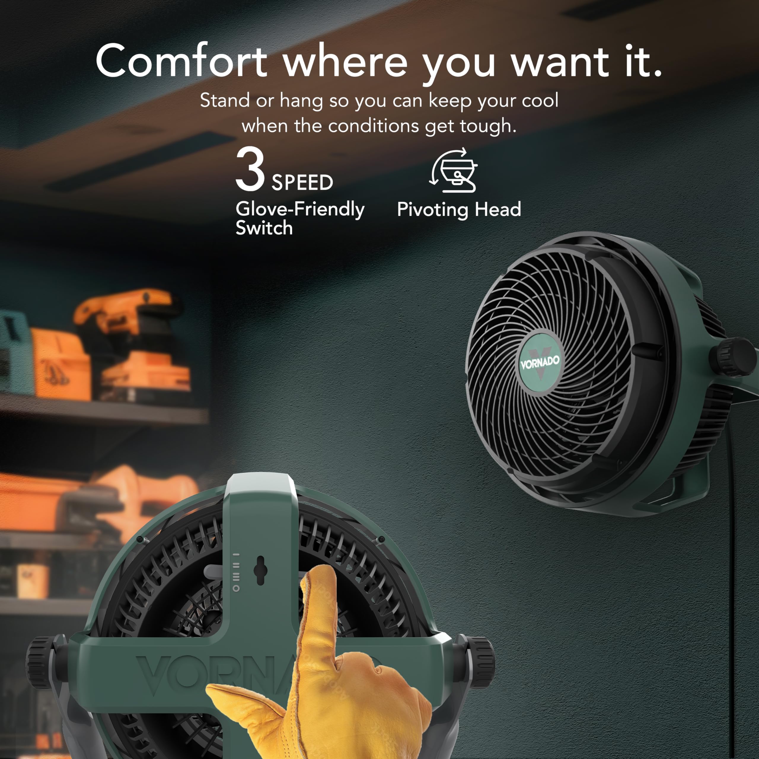 Portable fan with glove-friendly switch and pivoting head on a dark background