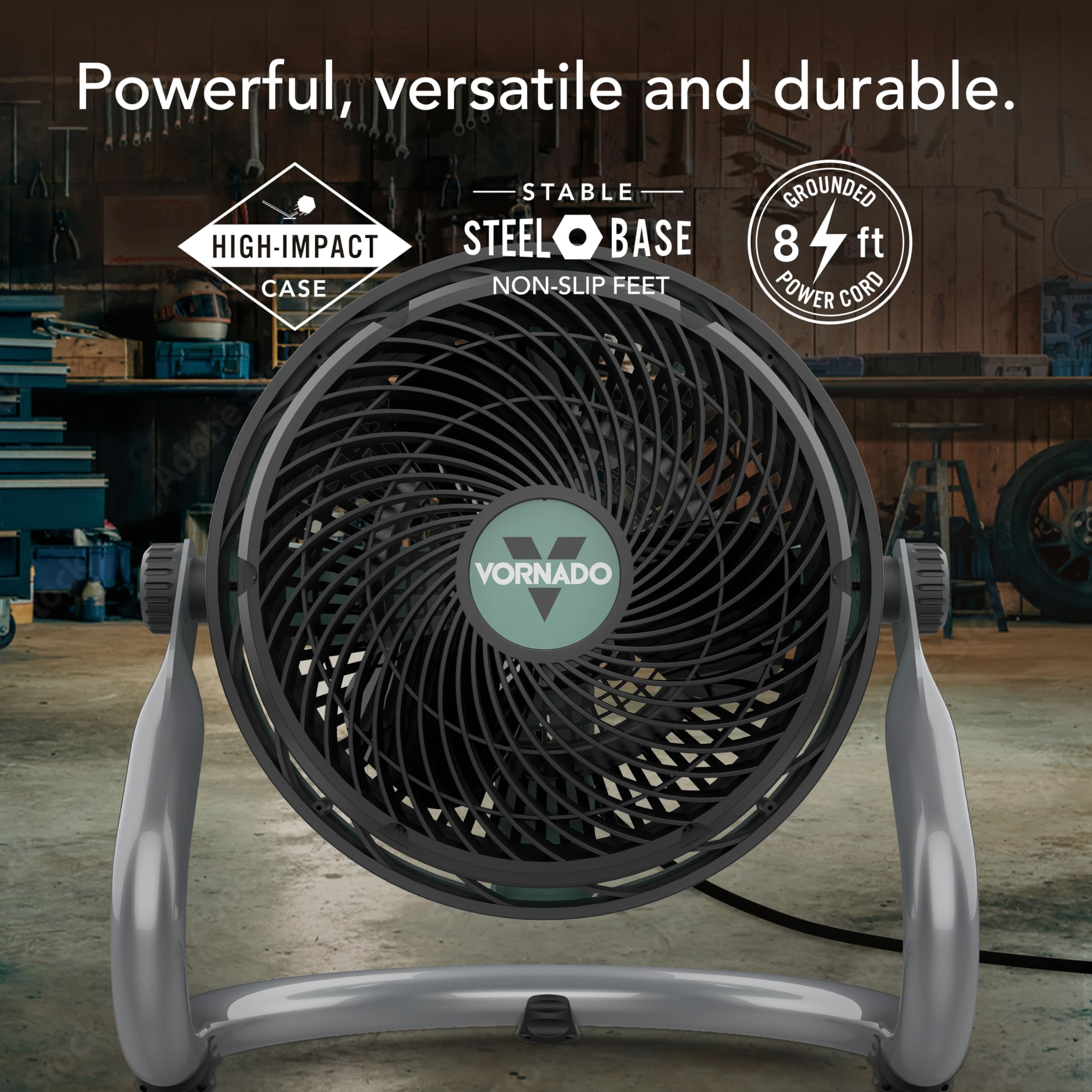 Vornado fan with features highlighted on a workshop background