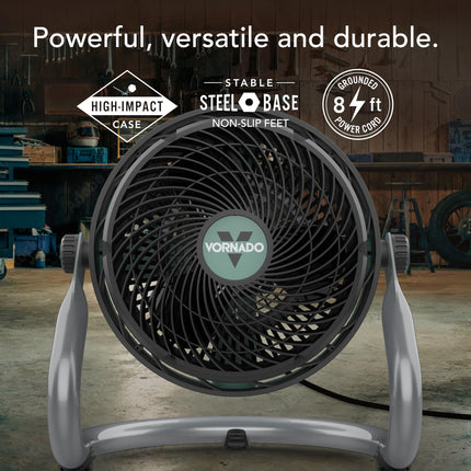 Vornado fan with features highlighted on a workshop background