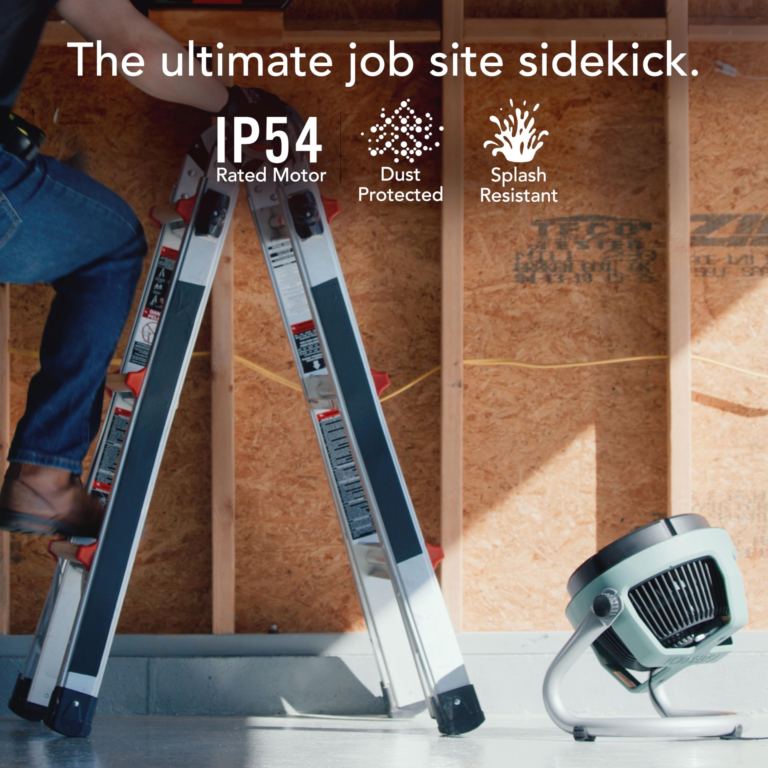 Person using a ladder with a device labeled 'The ultimate job site sidekick' on a construction site.