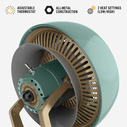 Teal and gold mechanical component with features highlighted on a white background