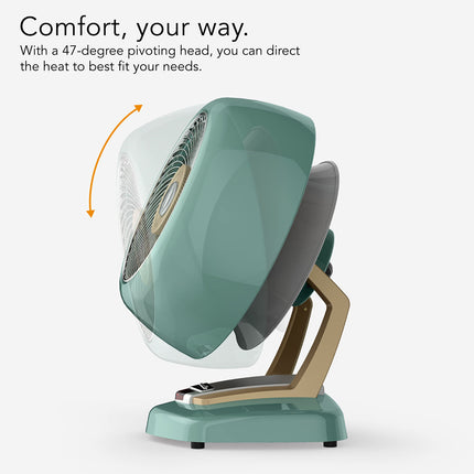 Green heater with a pivoting head on a white background