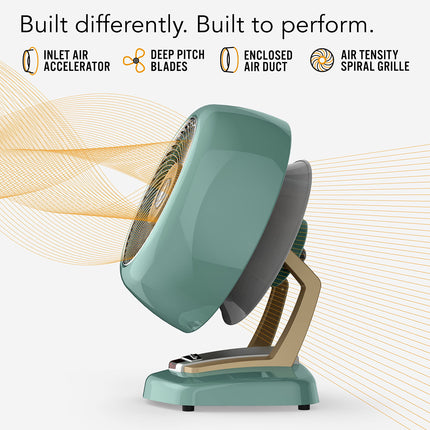 Green heater with design features highlighted on a white background