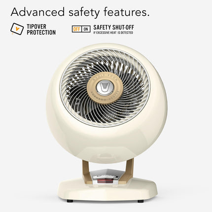 White and gold heater with safety features text on a white background
