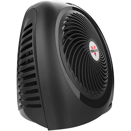 Black portable heater with a visible brand logo on a white background