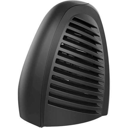 Black space heater with slatted design on a white background