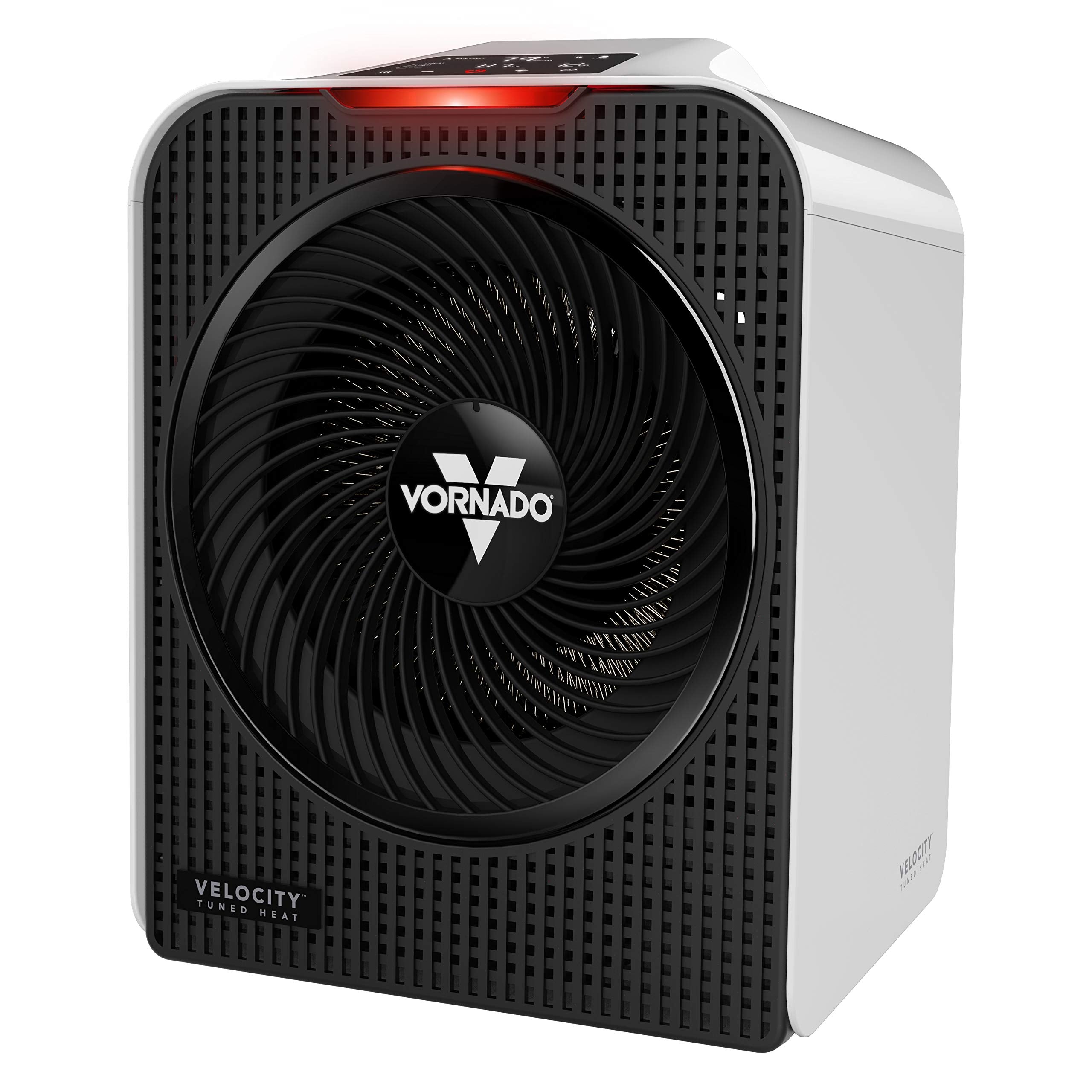 Vornado electric space heater with black fan and white casing on a white background