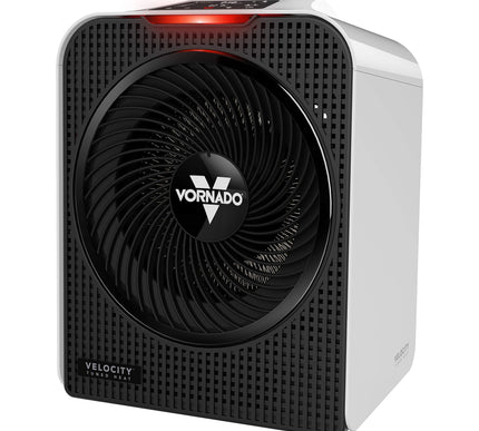 Vornado electric space heater with black fan and white casing on a white background