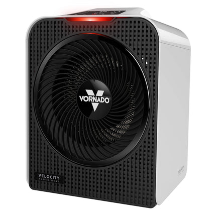 Vornado electric space heater with black fan and white casing on a white background
