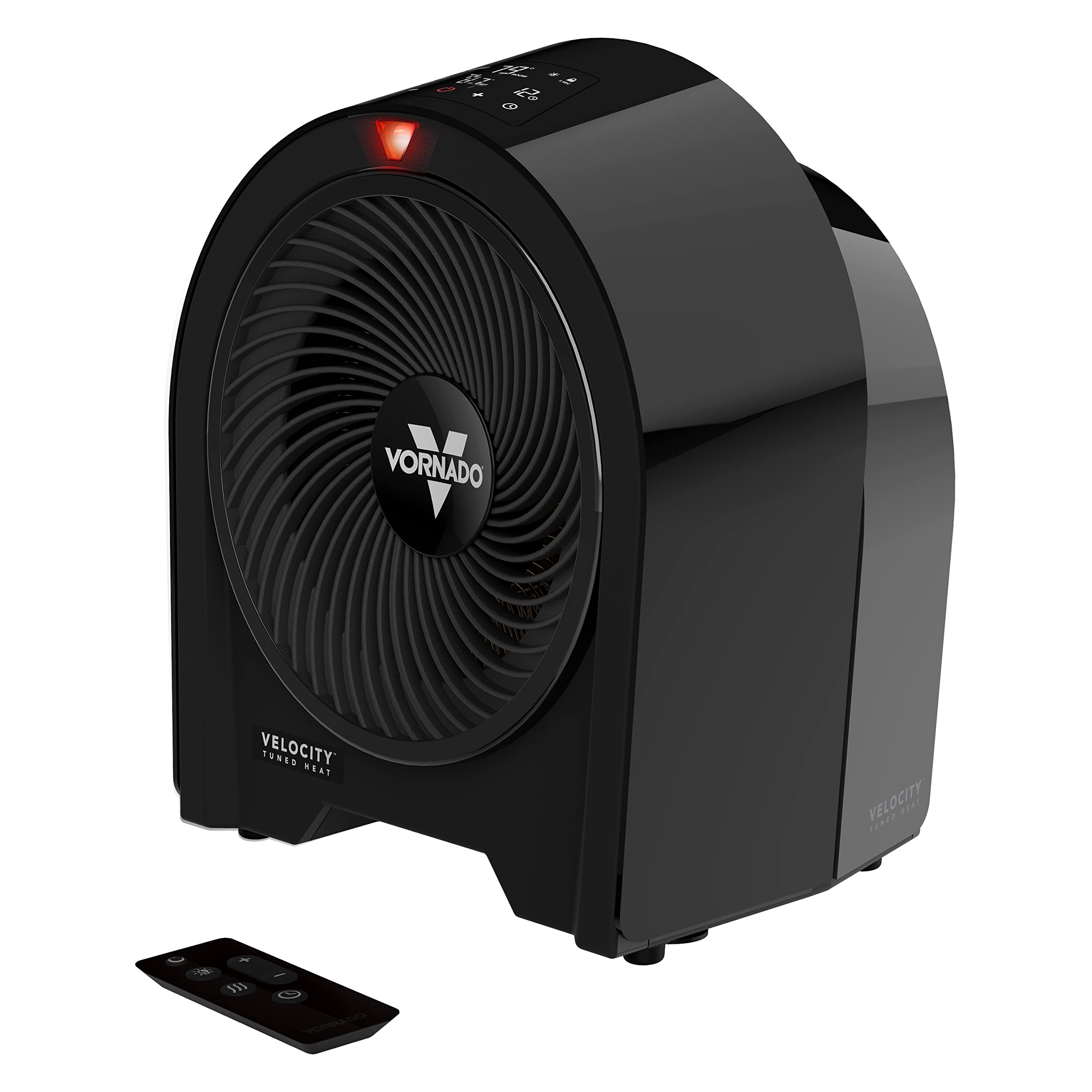 Black Vornado velocity heater with remote control on a white background
