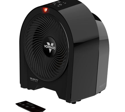 Black Vornado velocity heater with remote control on a white background