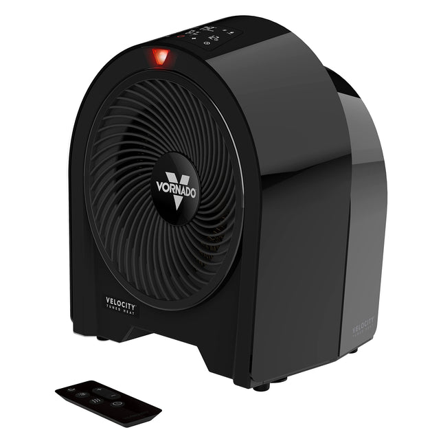 Black Vornado velocity heater with remote control on a white background