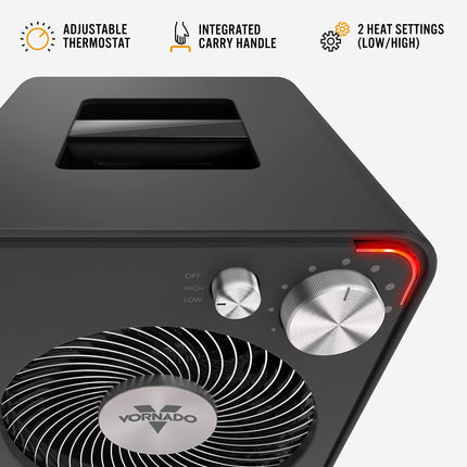 Gray space heater with Vornado logo and features on a white background