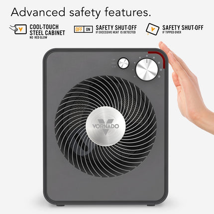 Gray Vornado space heater with safety features on a white background