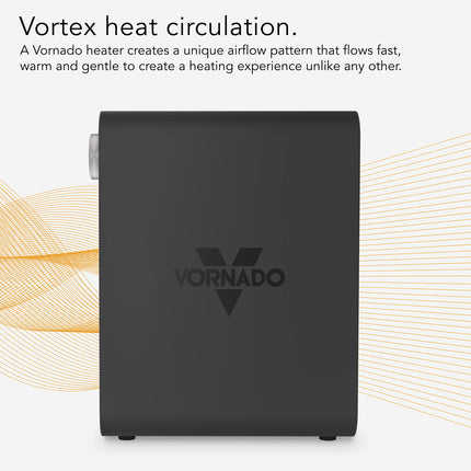 Gray Vornado heater with vortex heat circulation text and logo on a white background