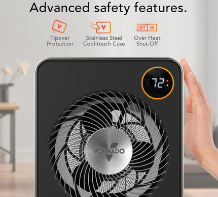 Vornado space heater with safety features highlighted on a blurred indoor background