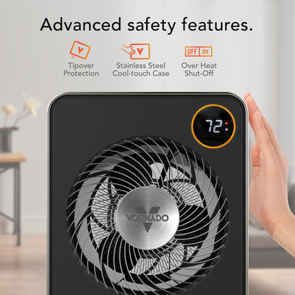 Vornado space heater with safety features highlighted on a blurred indoor background