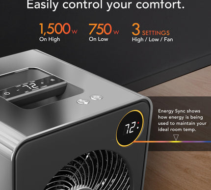 Portable heater with digital display and control buttons on a wooden surface.