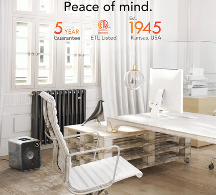 Modern office space with a desk, chair, and air purifier, featuring text about product guarantees and establishment year.