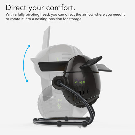 Black Zippi fan with a pivoting head on a white background