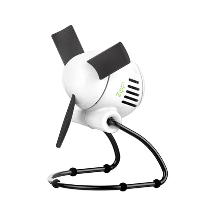 White and black Zippi desk fan with pivoting head on a white background
