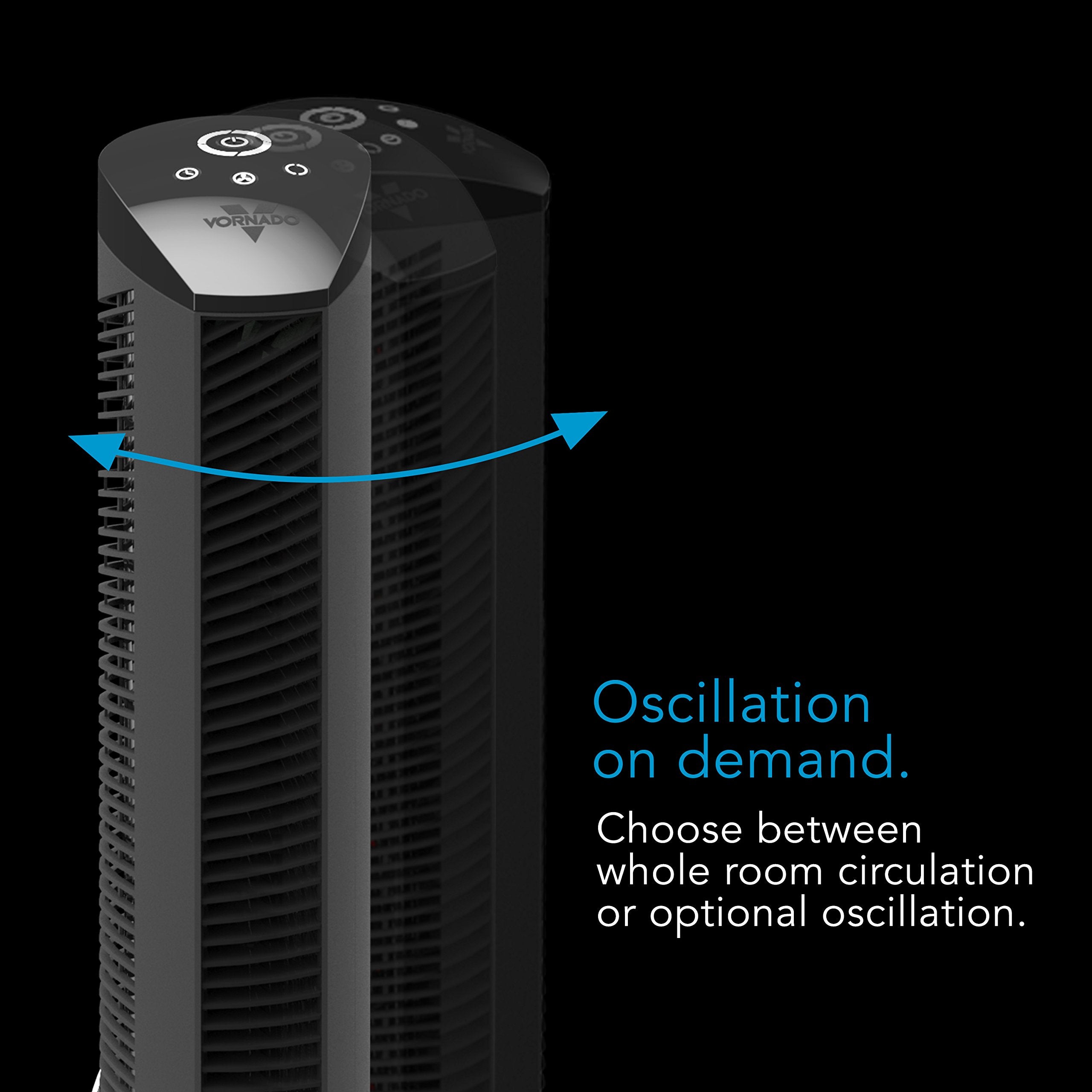 Black tower fan with oscillation feature on a black background