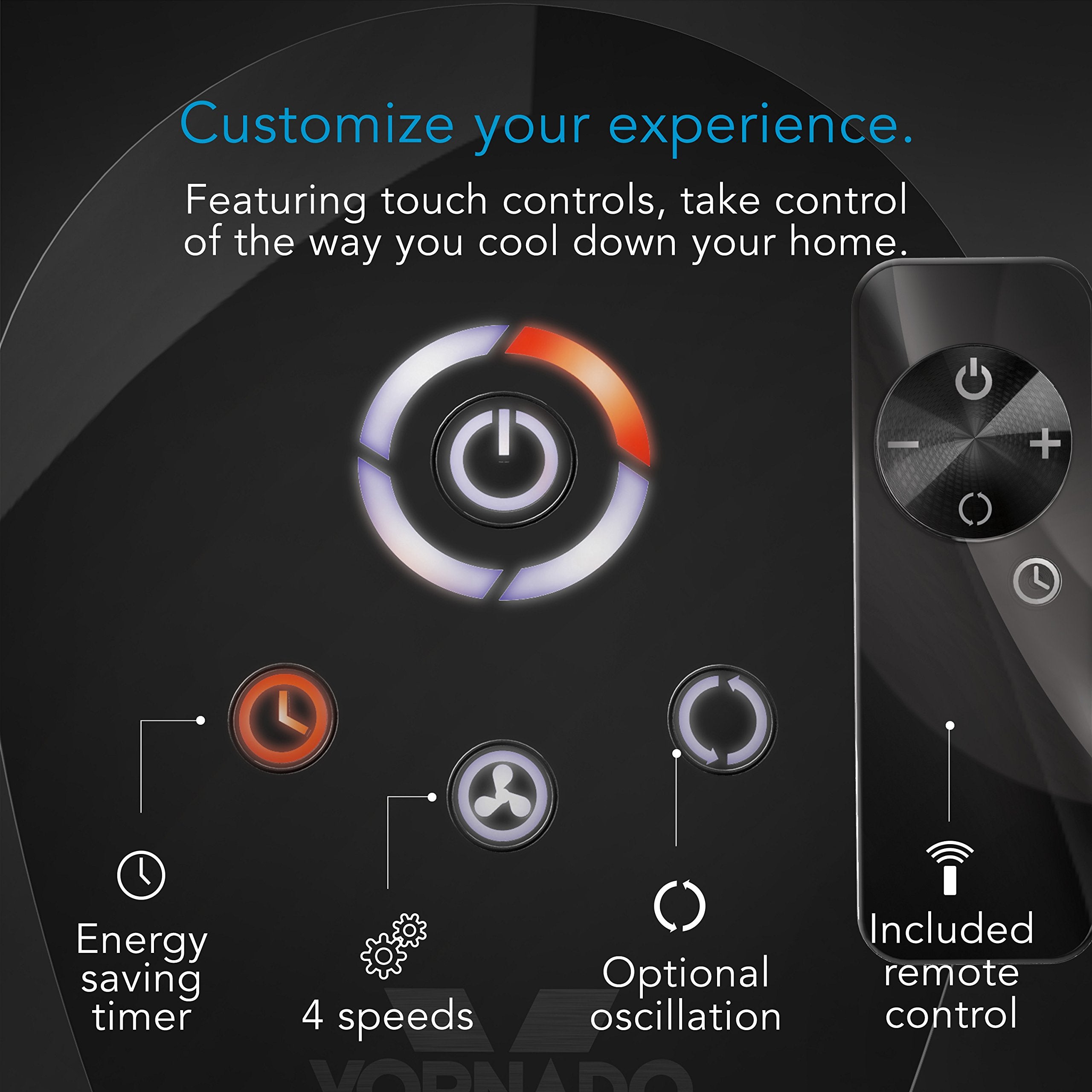 Control panel of a cooling device with touch controls and remote control, featuring text on customization.