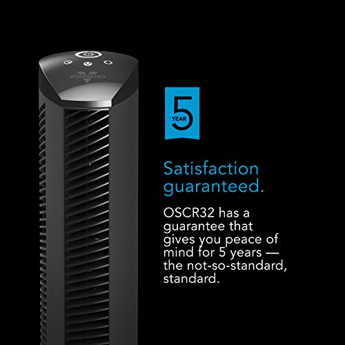 Black tower air purifier with a 5-year satisfaction guarantee label on a black background