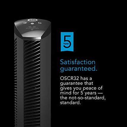 Black tower air purifier with a 5-year satisfaction guarantee label on a black background