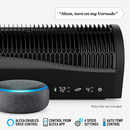Black Vornado window fan with Alexa-enabled voice control feature on a white background