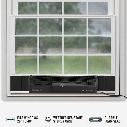 Window fan with weather-resistant features displayed on a window.