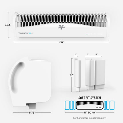 White window fan with dimensions and features highlighted on a white background