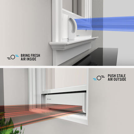 Illustration of a window with a ventilation system showing airflow directions.