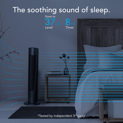Bedroom scene with a fan labeled 'The soothing sound of sleep' and text about temperature and timer settings.