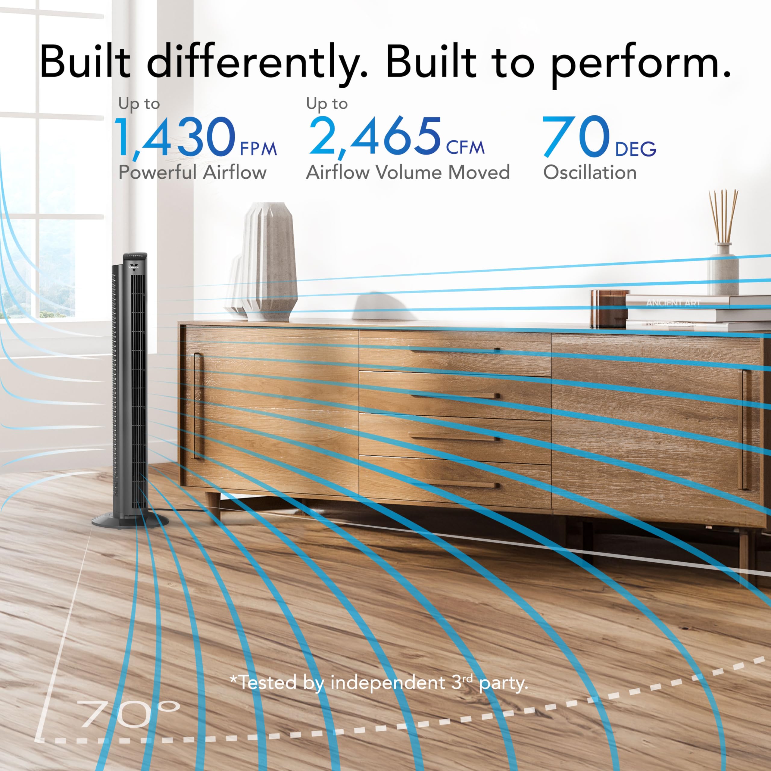 Modern room with a ceiling fan and air flow lines, featuring performance specifications.