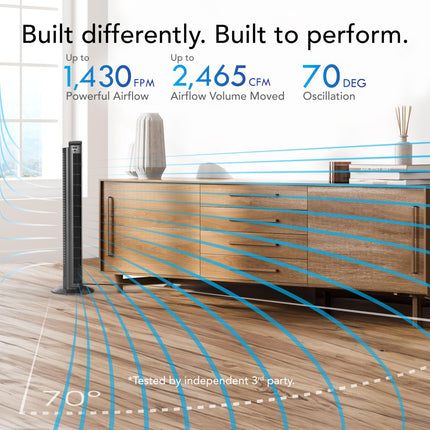 Modern room with a ceiling fan and air flow lines, featuring performance specifications.