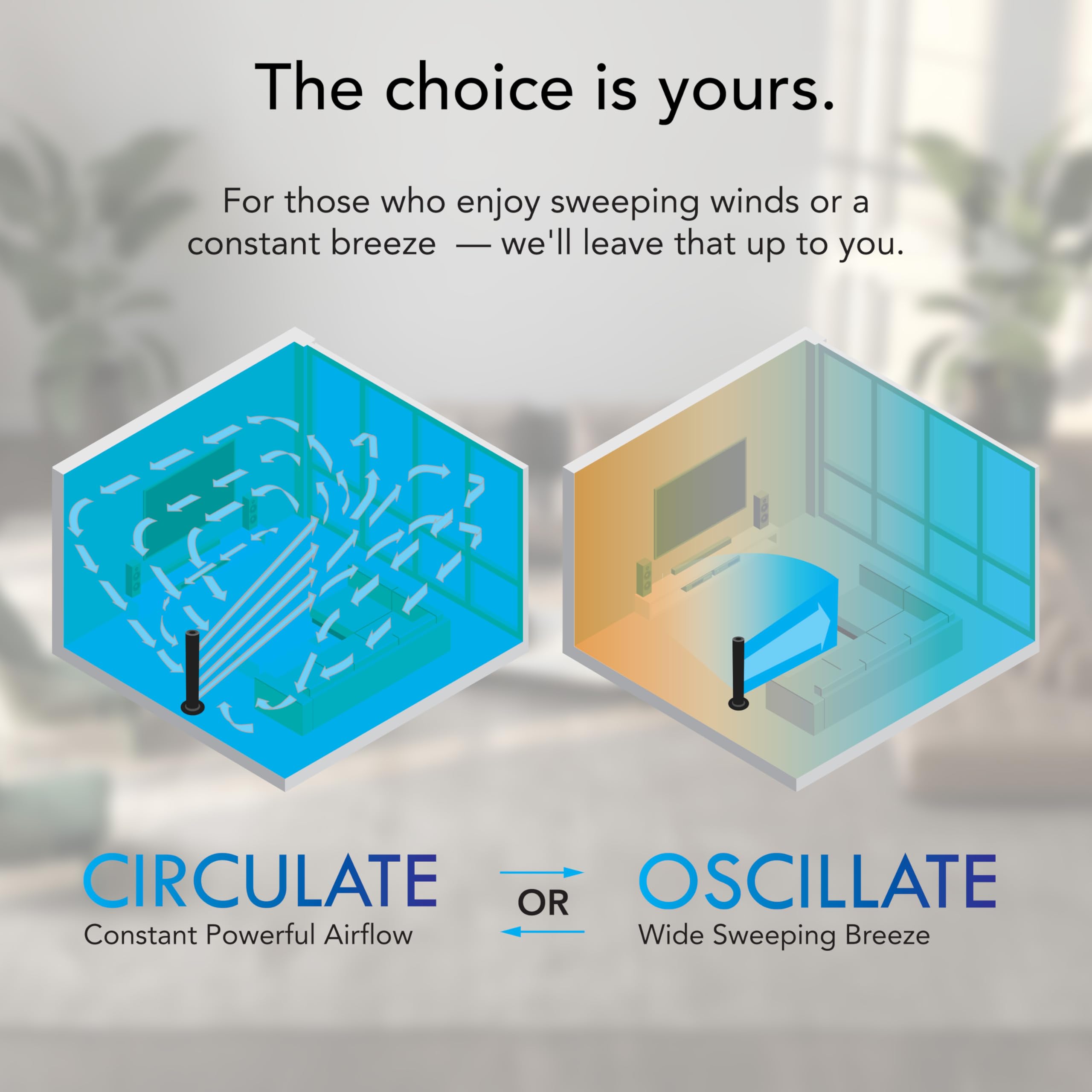 Diagram comparing circulate and oscillate airflow options with text 'The choice is yours.'