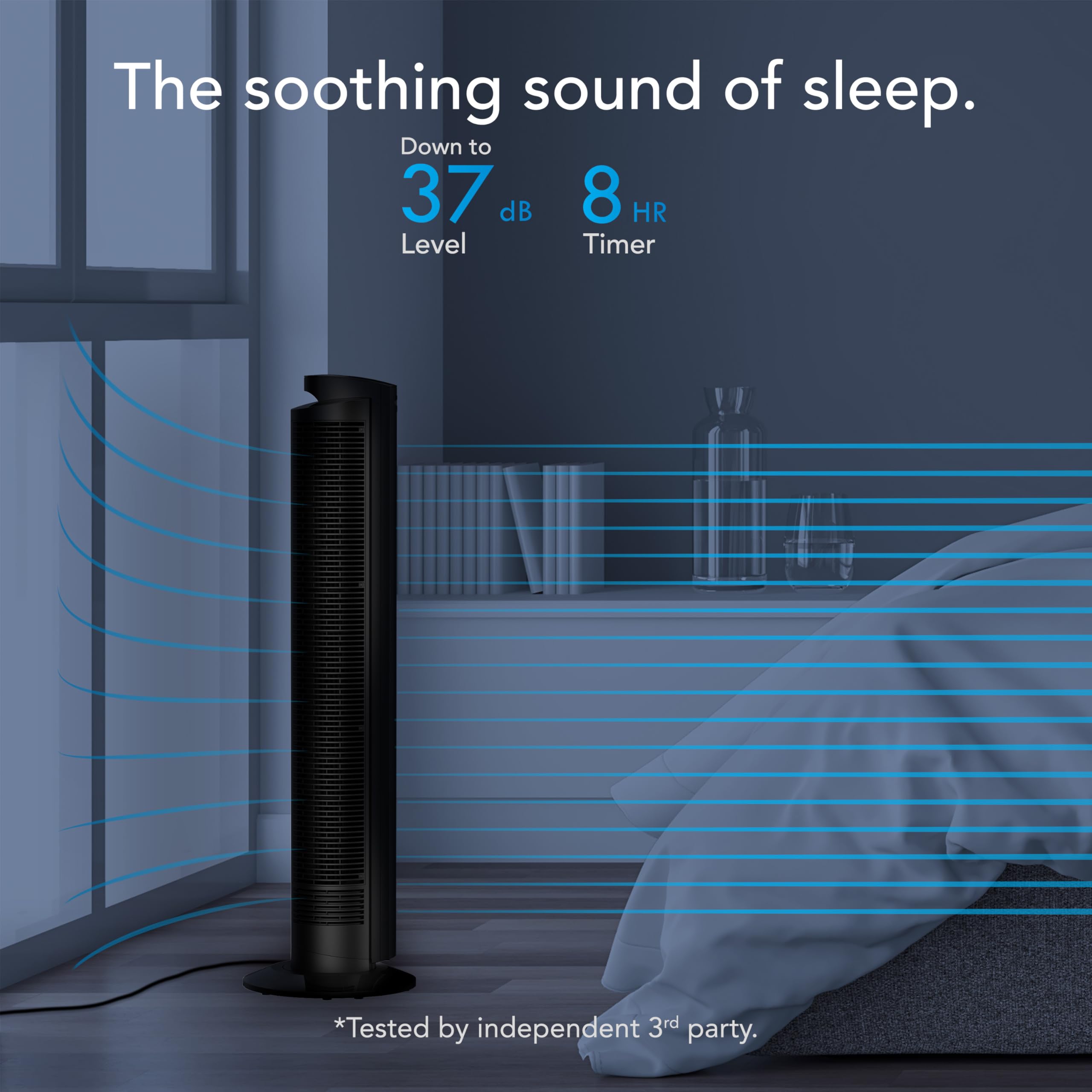 Tower fan in a bedroom with text indicating noise level and timer settings.