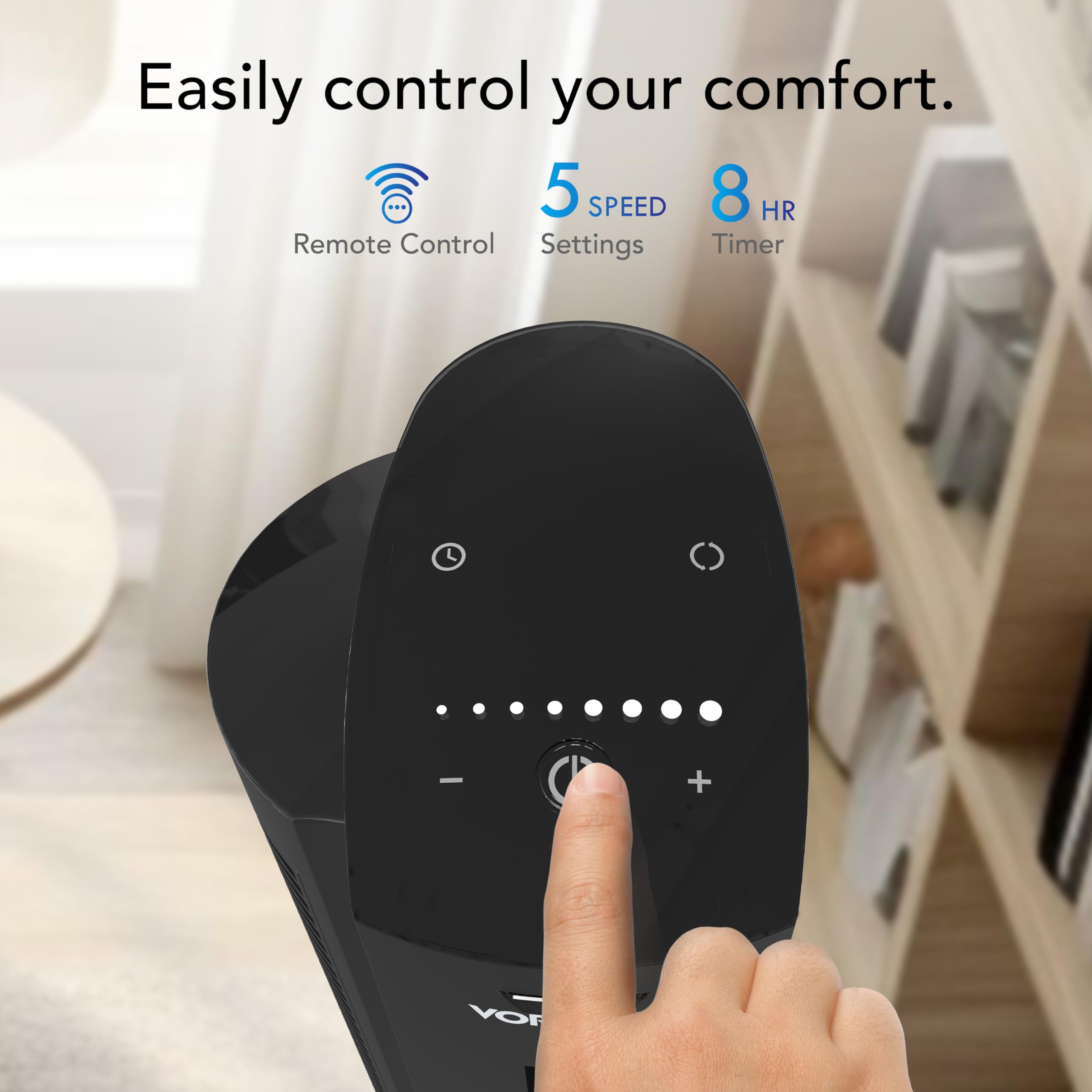 Hand pressing a control panel with text 'Easily control your comfort' and features listed.