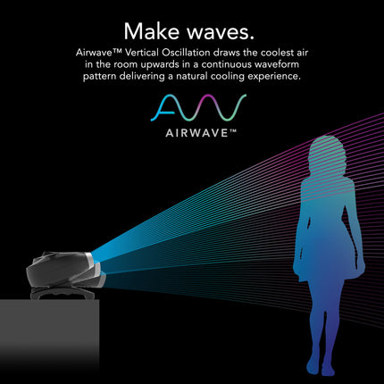 Airwave cooling device with silhouette of a person and text about its cooling technology.