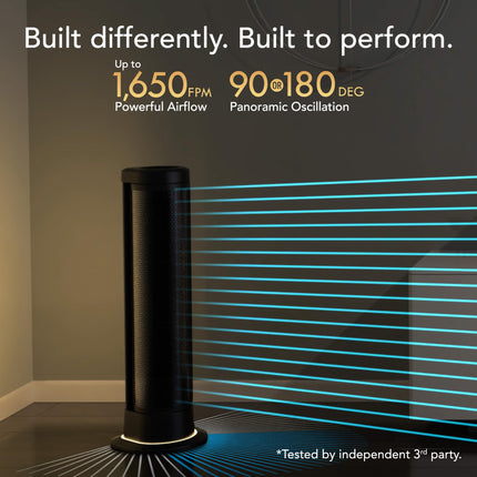 Black tower fan with airflow lines and text highlighting features on a dark background
