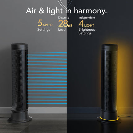Fan with blue light on left and yellow light on right against a dark background
