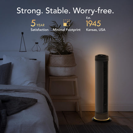 Tower fan in a bedroom with text highlighting features and establishment year.